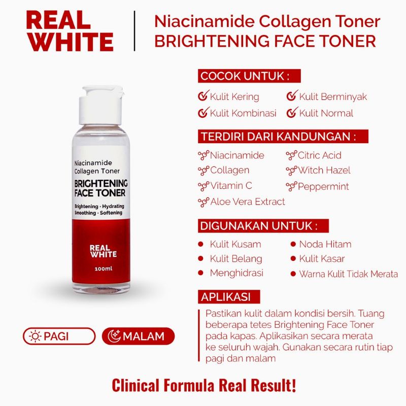 Real White 100% Original Niacinamide Brightening Face serum, Alpha Arbutin Serum Aha bha peeling toner dan serum, night cream collagen vit c day cream intensive repair eye cream toner face wash body realwhite retinol ceramide drying mini underarm