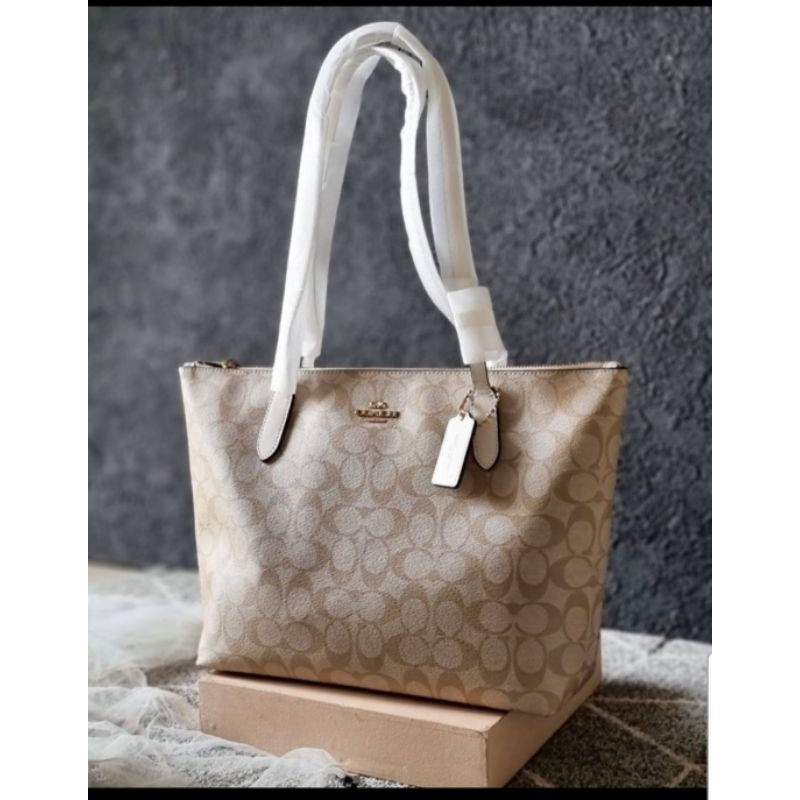Tas coach tote 4455 signature zip light khaki chalk asli