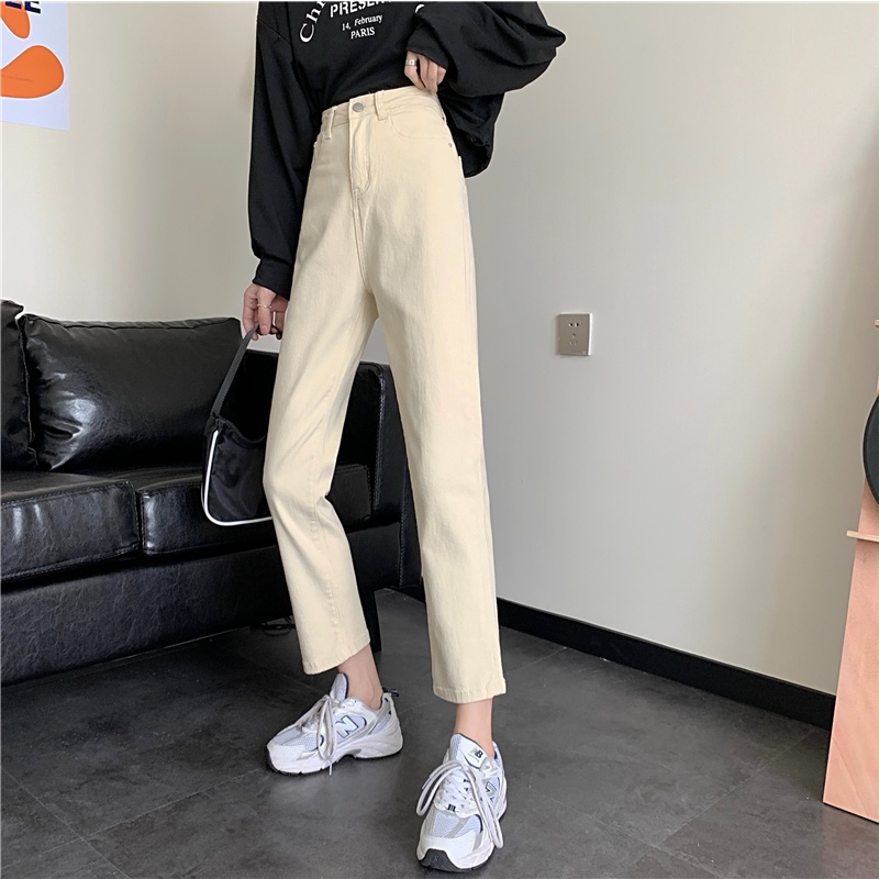 New Korean retro high-waist loose jeans straight-legged wide-legged celana panjang Wanita