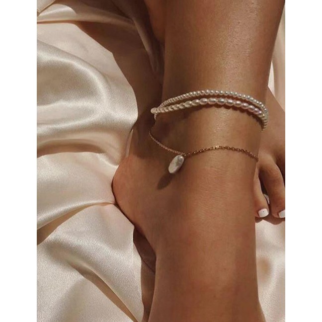 LRC Gelang Kaki Fashion Gold Alloy Beaded Pearl Multi-layered Anklet D22361