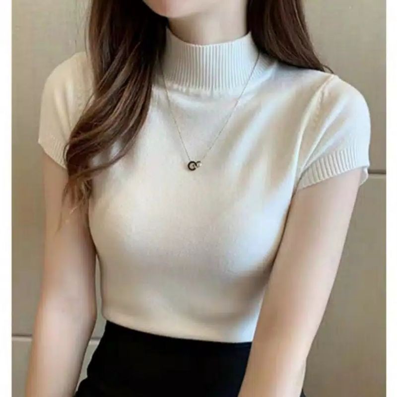 Atasan Rajut Wanita Turtleneck - Kerah Tinggi Lengan Pendek - Knit Premium