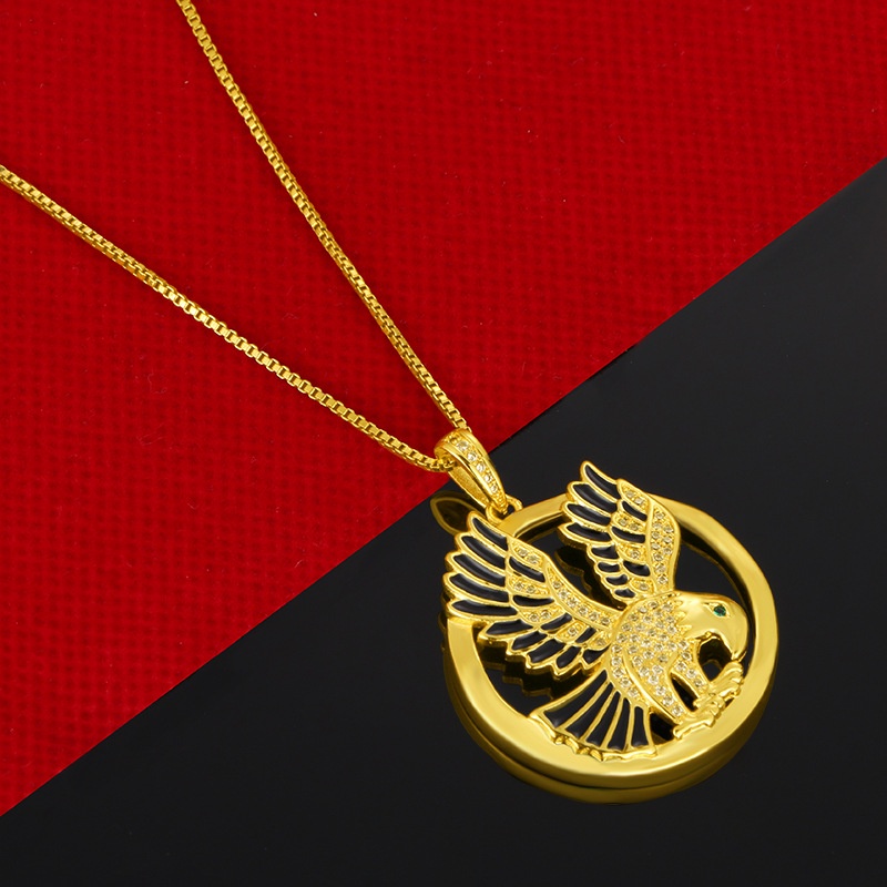 Liontin Lapis Emas Asli Kadar 375 Desain Elang Hias Berlian Gaya Retro Untuk Pria Dan Wanita