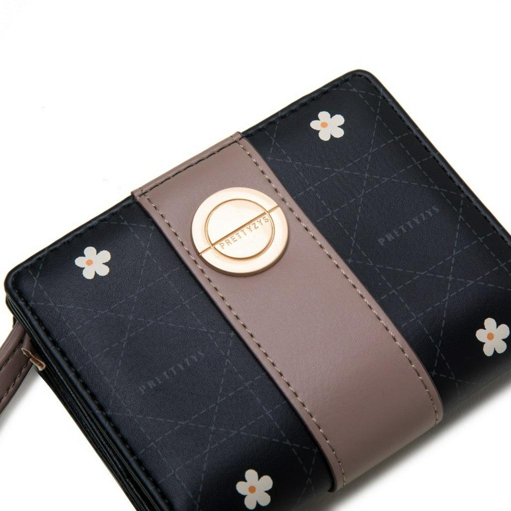 DOMPET LIPAT WANITA KOREA PRETTYZYS ORIGINAL MOTIF BUNGA TALI PENDEK LUCU KULIT HITAM CAMARIN WA712B5 MINI IMPORT RESLETING KOIN SLOT KARTU KEKINIAN CEWEK MURAH REMAJA BRANDED BATAM PREMIUM