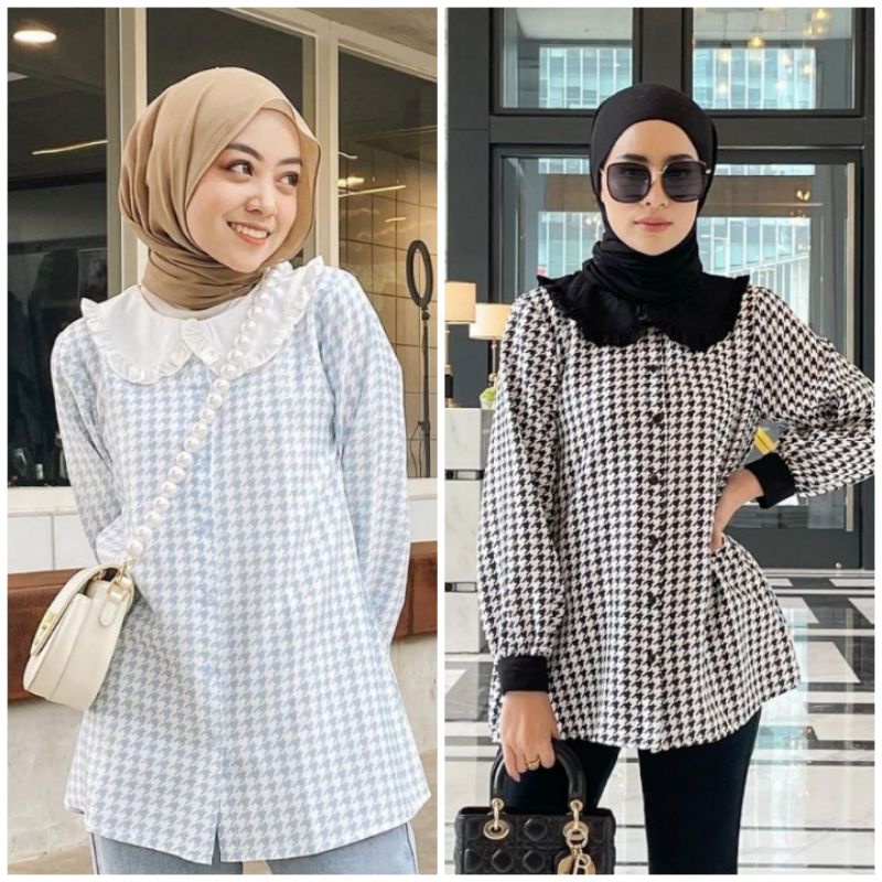 Last Stok - Houndstooth Blouse Black Blue M L XXL by VH Vanilla Hijab Vanillahijabofficial