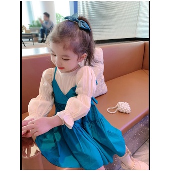 DRESS BLUE TOSCA DUA TALI GANTUNG JUMPSUIT ANAK BIRU BUNGA 100-140