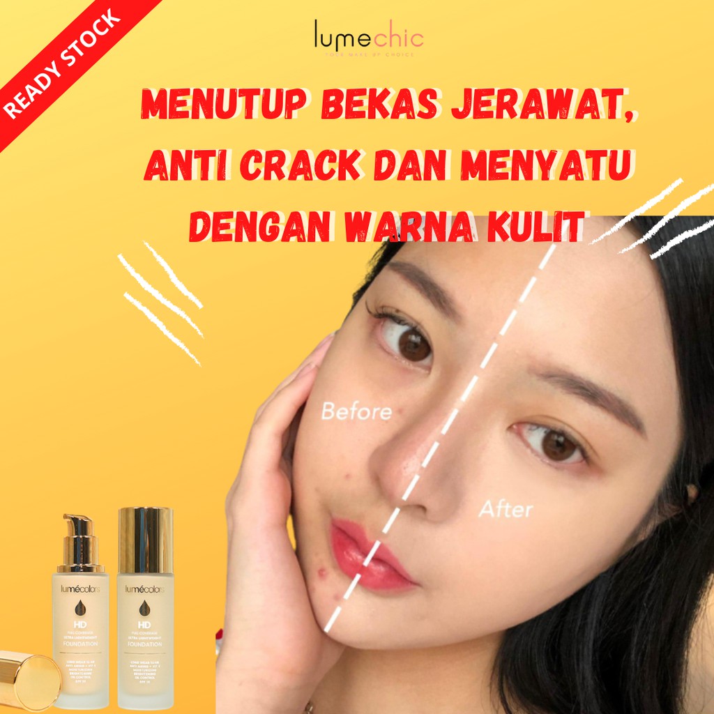 Lumecolors Foundation kosmetik wajah full coverage menutup bekas jerawat anti crack tahan lama