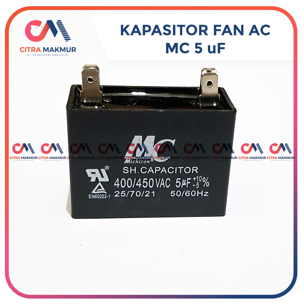 Kapasitor Fan AC 5 uf merk MC Kaki 4 Capasitor mikro Kipas Outdoor Mesin Air conditioner Kotak