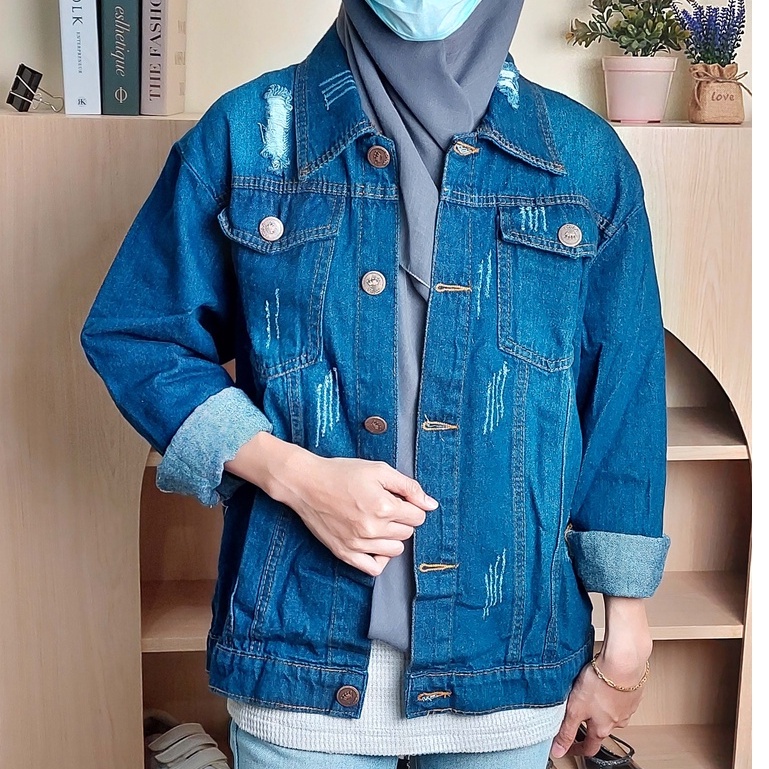 HOPYLOVY - Jaket Jeans Oversize Wanita Model Sobek Karina Ripped Biru Tua