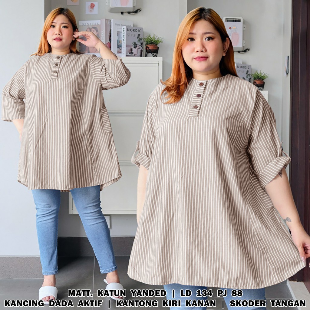 WSE390 - Blouse Kemeja Lola BIG SIZE XXXL Blus Kemeja Wanita Besar 3XL Bahan Katun Salur LD 134 CM PJ 88 CM PREMIUM QUALITY