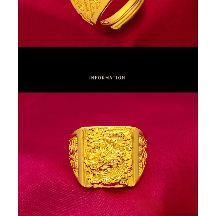 Cincin Emas Asli Kadar 375 Model Terbuka Dapat Disesuaikan Desain Naga Timbul Untuk Pria
