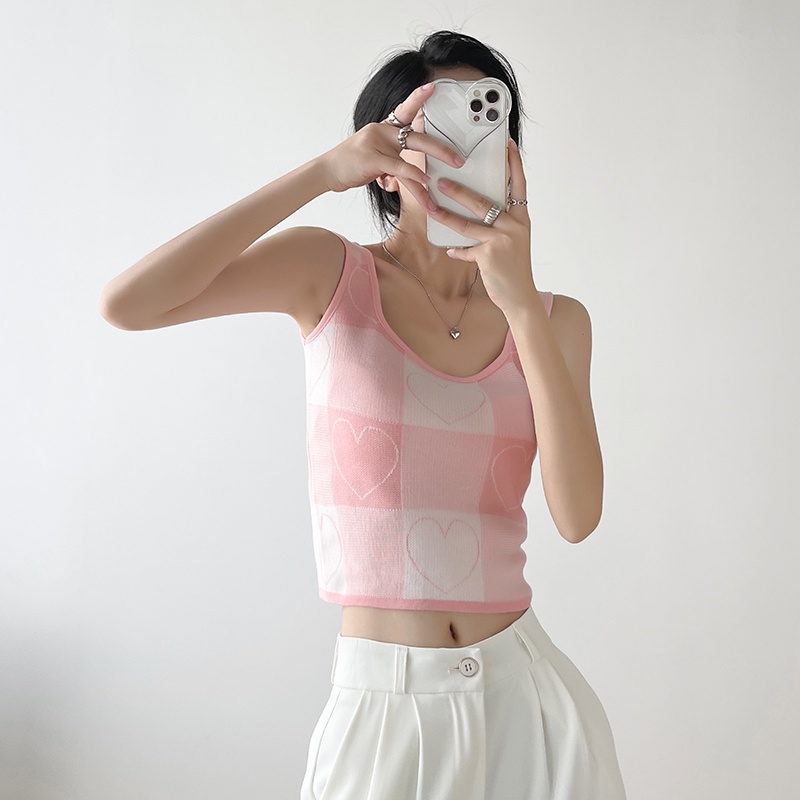 【Elegant】Checkered sleeveless Knit Crop Top 7486