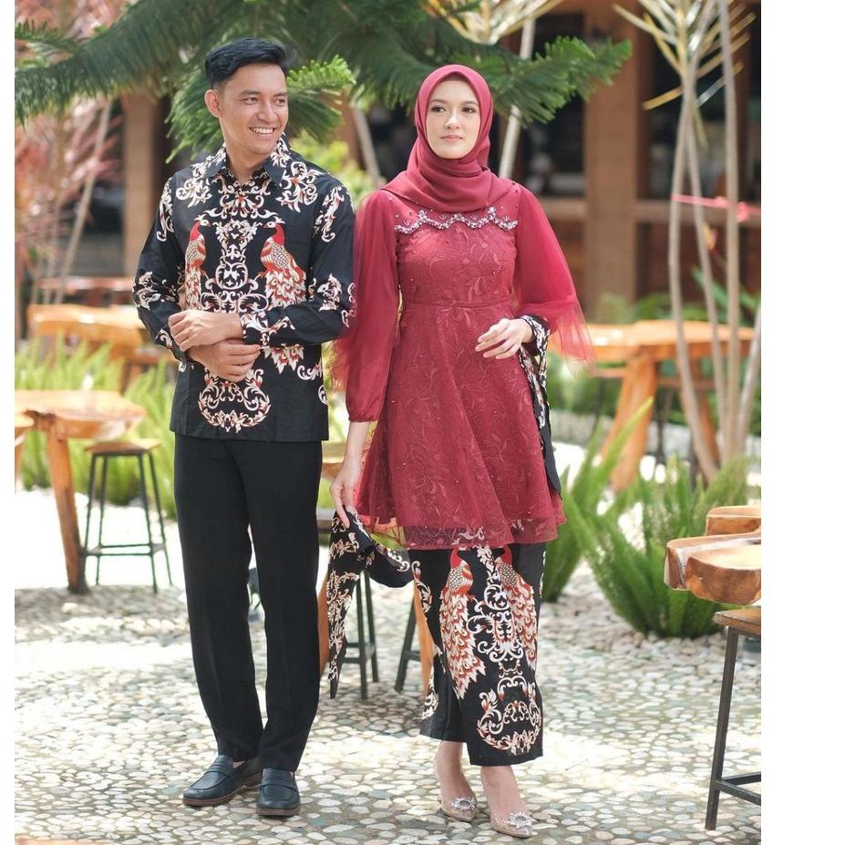 Harga TERMURAAH.. Set Kebaya Couple Luna Warna Maroon Kebaya Modern Brokat Wisuda Lamaran Tunangan