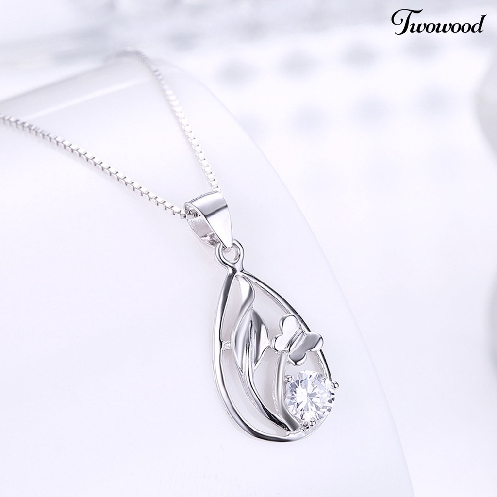 Kalung Klavikula 925 Silverhoo Model Hollow Water Drop Bunga Rumput Cubic Zirconia Untuk Kencan