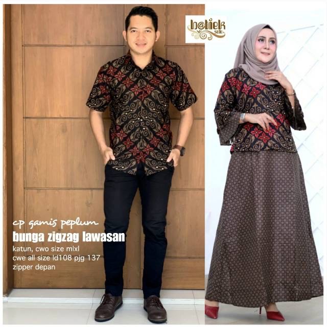 Couple Gamis Peplum Bunga Zigzag Lawasan Batik Marini Long Maxi Muslim Pesta Seragaman Sarimbit