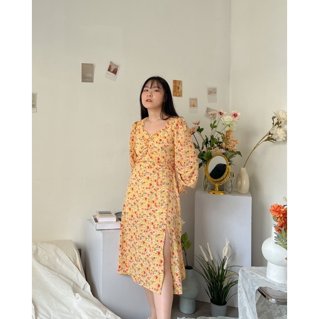 KANON - Yuzuri Floral Dress - Dress midi vintage pantai / musim panas motif bunga