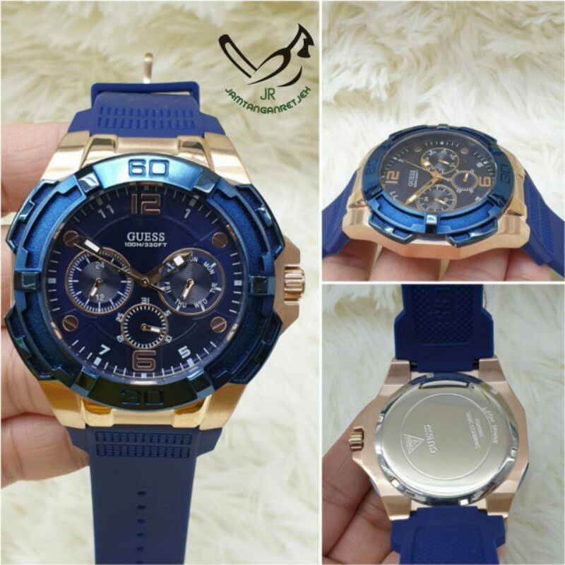 JAM TANGAN PRIA GUESS BATRE CRONO RING BIRU TALI RUBBER KUALITAS ORIGINAL