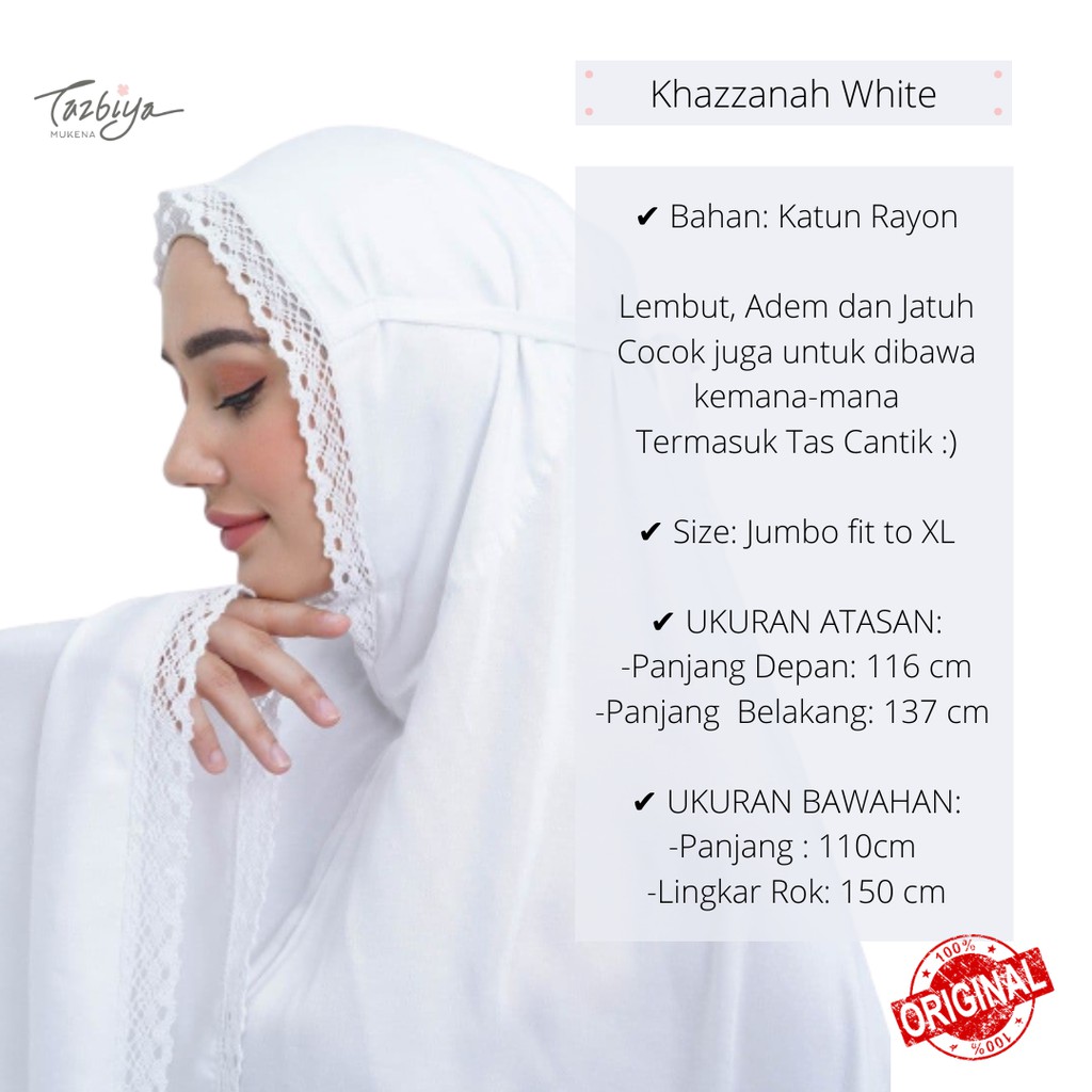 Mukena TAZBIYA ORIGINAL 100% KHAZZANAH White Jumbo Allsize Dewasa Katun Rayon Satin Mukenah Rukuh