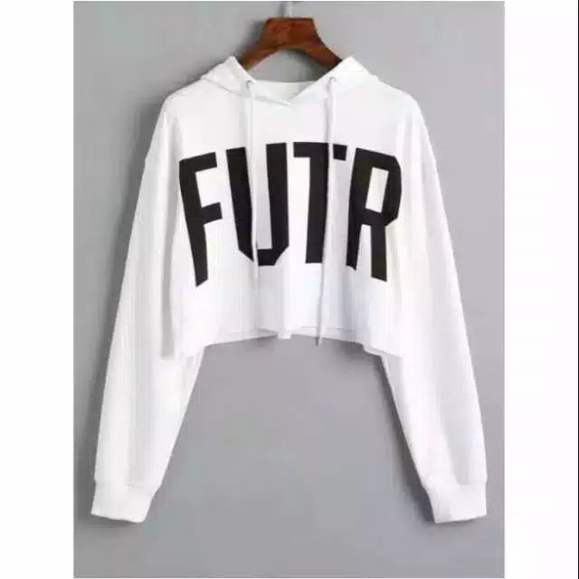 SWEATER HOODIE WANITA KEKINIAN LENGAN PANJANG PUTIH HITAM HODIE CROP - Putih