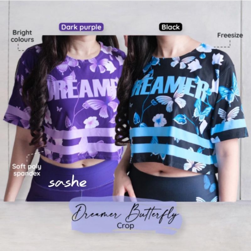 Dreamer Butterfly Crop Baju Kaos Atasan Olahraga Wanita