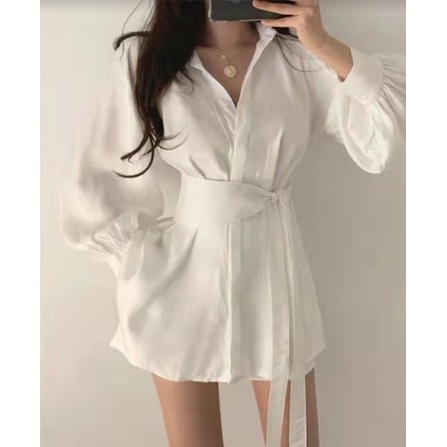 Women Summer Long Sleeve Belted Collar Mini Dress Wanita Lengan Panjang 1456 (S-XL)