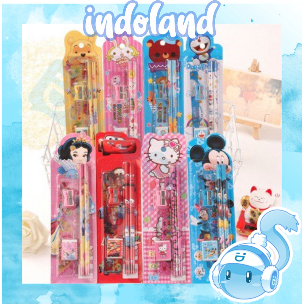 ☀ INDOLAND ☀ S004 MINI STATIONERY SET ALAT TULIS SEKOLAH 5 in 1 KARAKTER LUCU