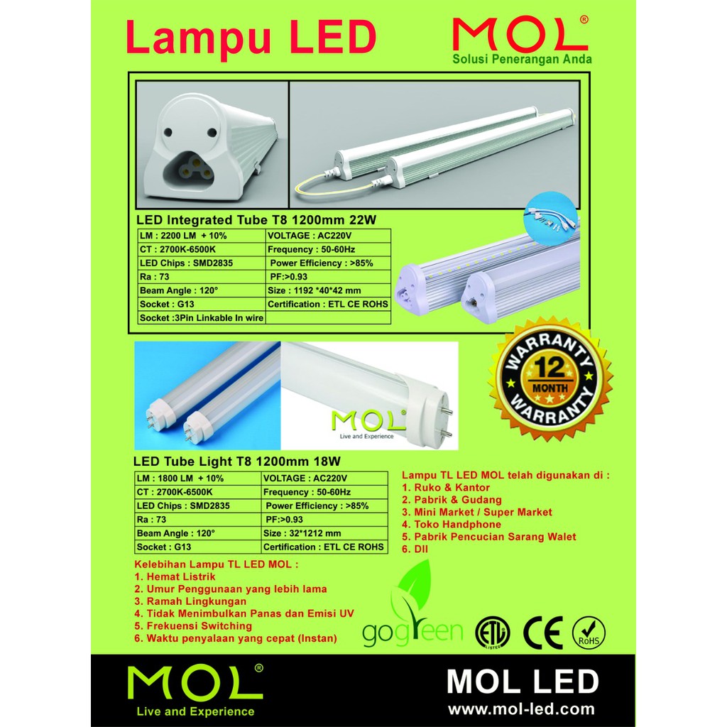 Lampu LED MOLL TL 22 Watt dan 18 Watt