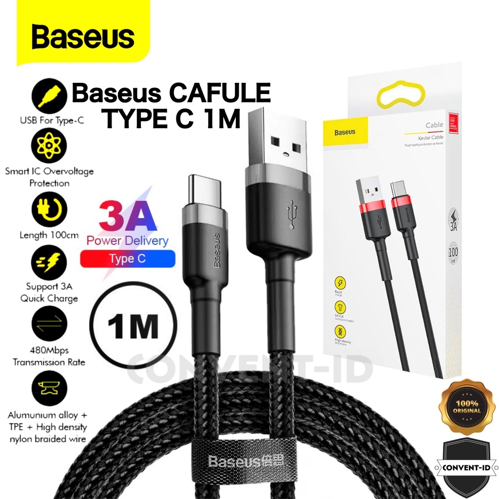 Baseus CAFULE Kevlar Kabel Data Charger USB TYPE C 1M 3A QC 3.0 Fast Charging - Kabel Data Baseus US