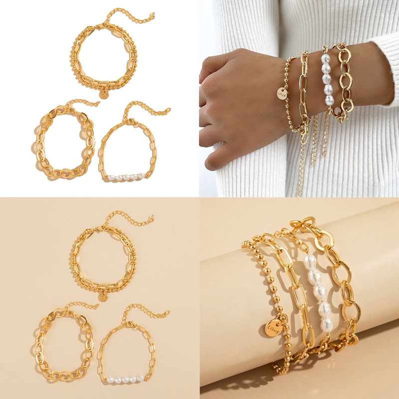 3pcs / Set Gelang Rantai Tebal Warna Emas Gaya Boho Punk Untuk Wanita