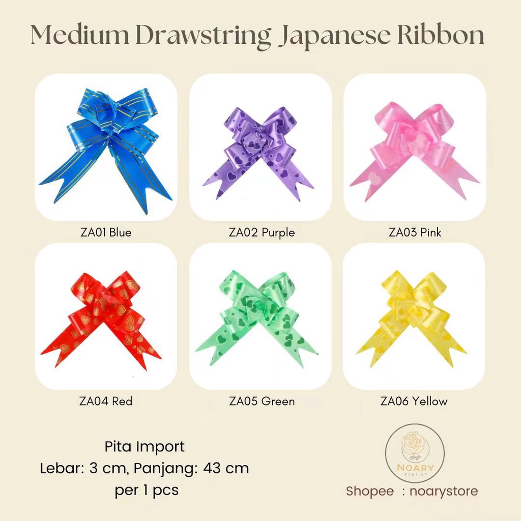 Medium Drawstring Japanese Ribbon / Pita Satin / Ribbon / Pita Import / Pita Bunga / Pita Kado / Pita Chiffon / Pita Termurah / Flower Ribbon / Florist Ribbon / Pita / Pita Grosir / Pita Besar Kecil Medium / Satin / OPP / Pita Tarik / Florist supply