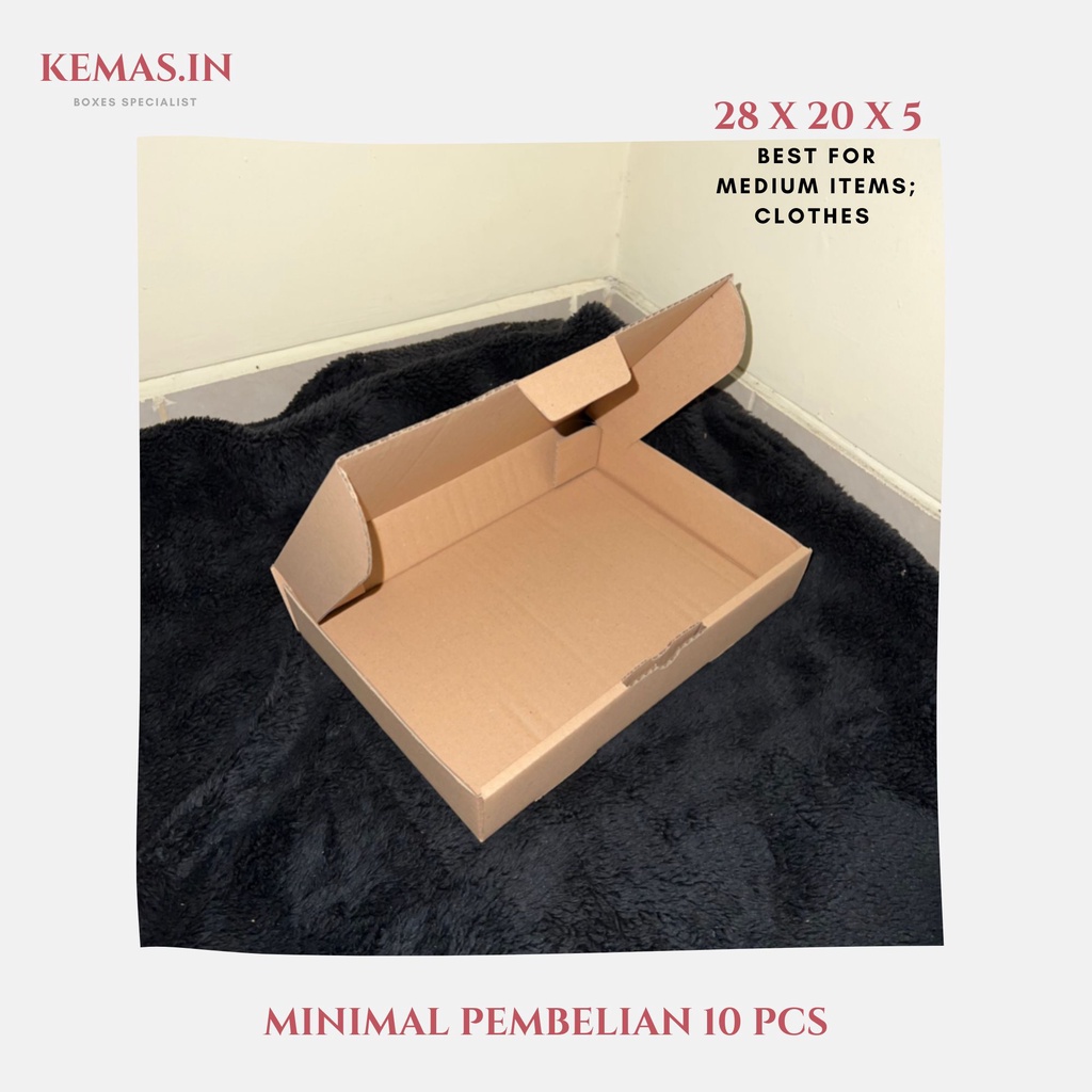 

Kardus Dus uk 28x20x5 cm Die Cut Box Kotak Packing Aksesoris Baju Makanan Pizza Hijab Kue