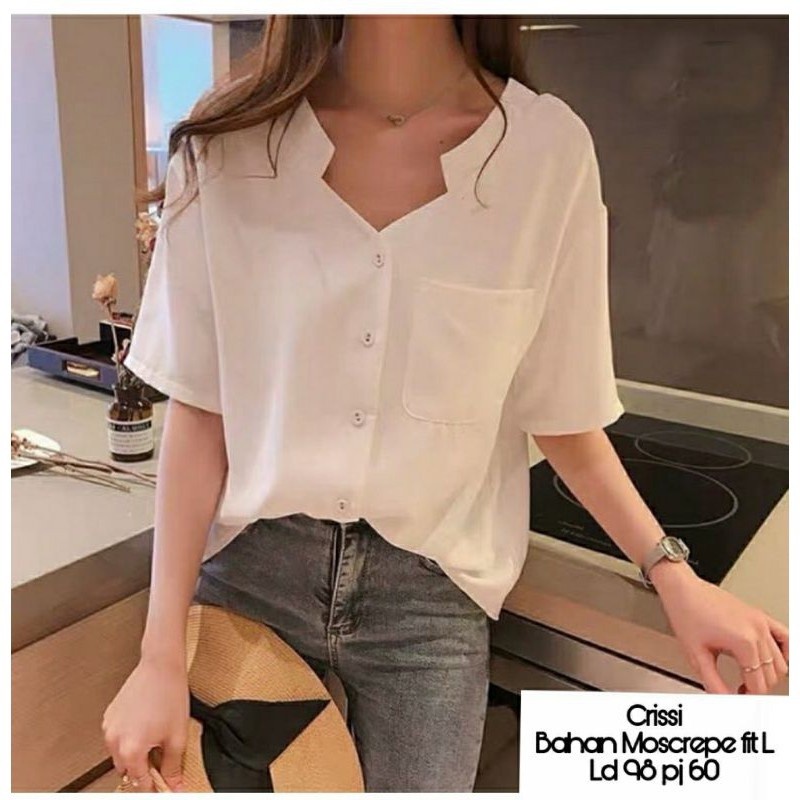 Atasan Modis  Wanita Model Terbaru Hem Polos Crisi Atasan Simple Cewek Warna Putih Elegant Murah dan