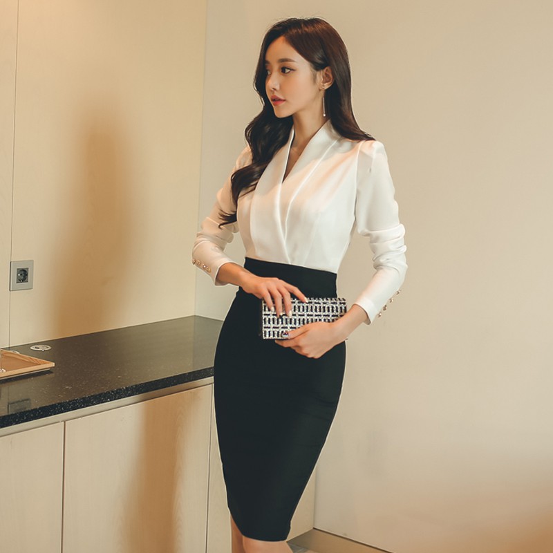 PS-001 Baju Kerja Wanita Impor Blouse Putih Lengan Panjang Rok Hitam Kualitas Bagus