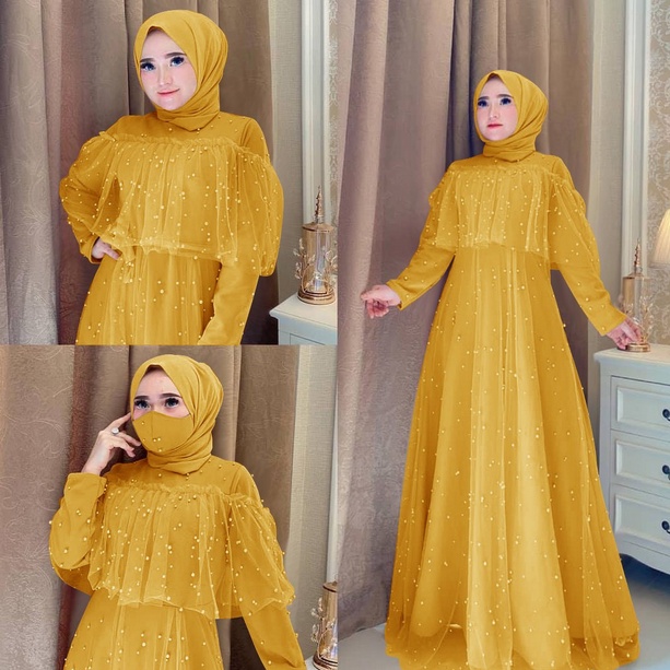 MAXI GAMIS MUTE GAMIS WANITA MUSLIM / MAXI DRESS BAHAN MOSCREPE KOMBY MUTIARA TANPA MASKER-MUSTRAD