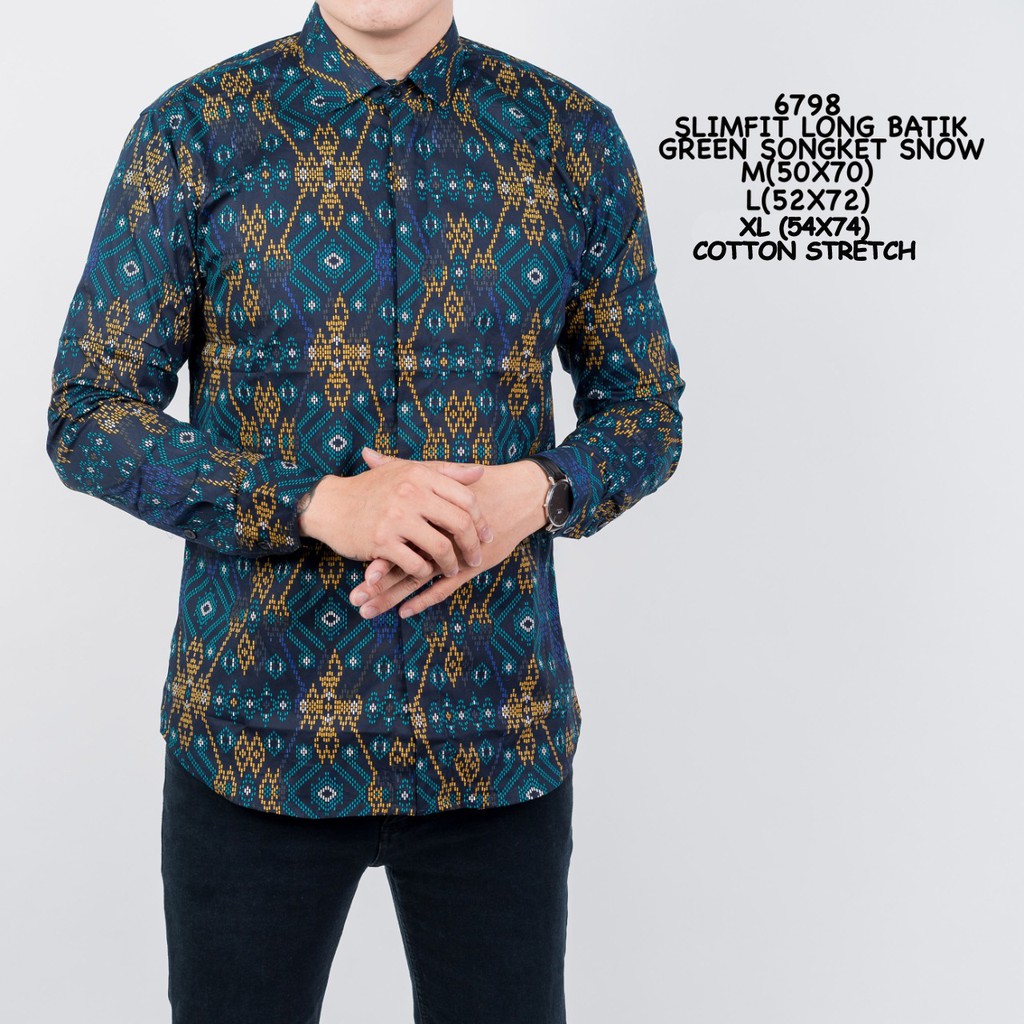 6798 Atasan Batik  Pria  Lengan PanjangSongket Hijau  Slimfit 