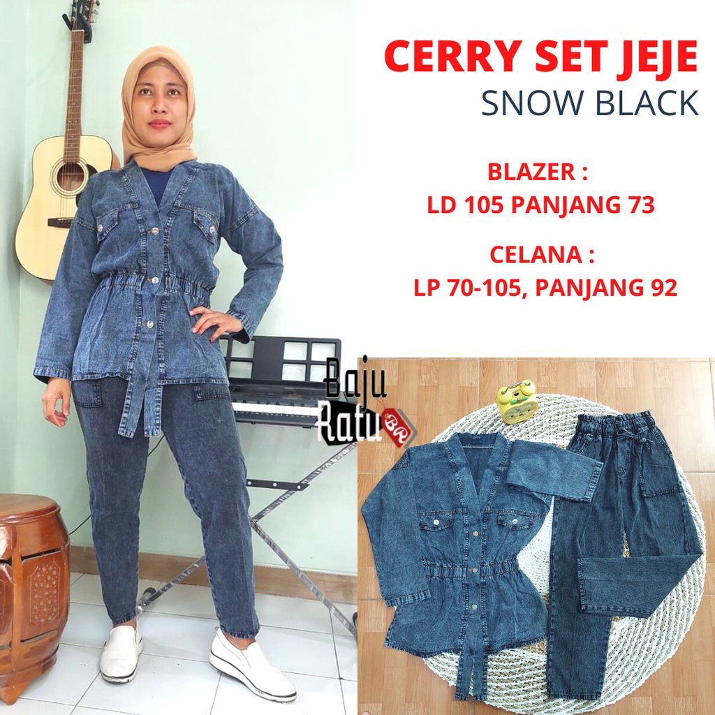 AMANDA SET CERRY BLAZER SETELAN CELANA BAGGY JEJE ONE SET JEANS  WANITA SNOW BLUE DAN SNOW BLACK GBM