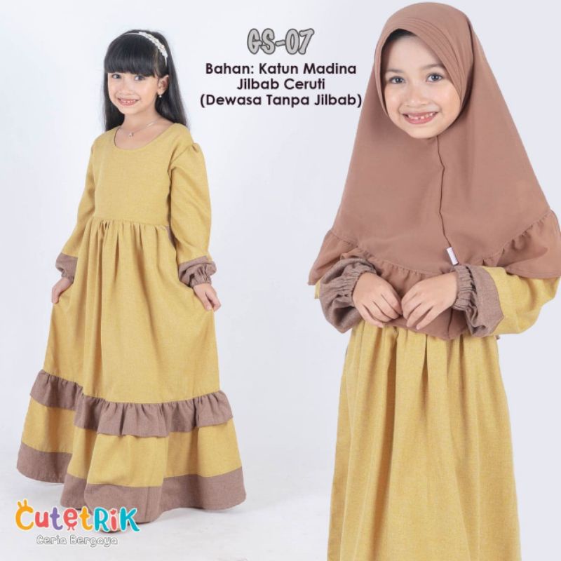 Set gamis anak muslim kuning coklat merk Cutetrik GS 07 usia 1-10 tahun berbahan katun madina jilbab