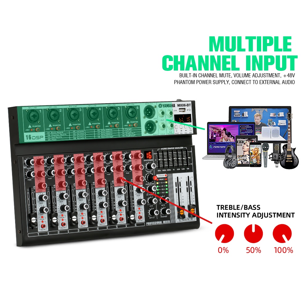 [Asli]  MX06BT mixer profesional 6-channel built-in EQ 16DSP Bluetooth/USB/PC/MP3 playback mode EQ/alat perekam built-in peralatan pencampuran peralatan live DJ