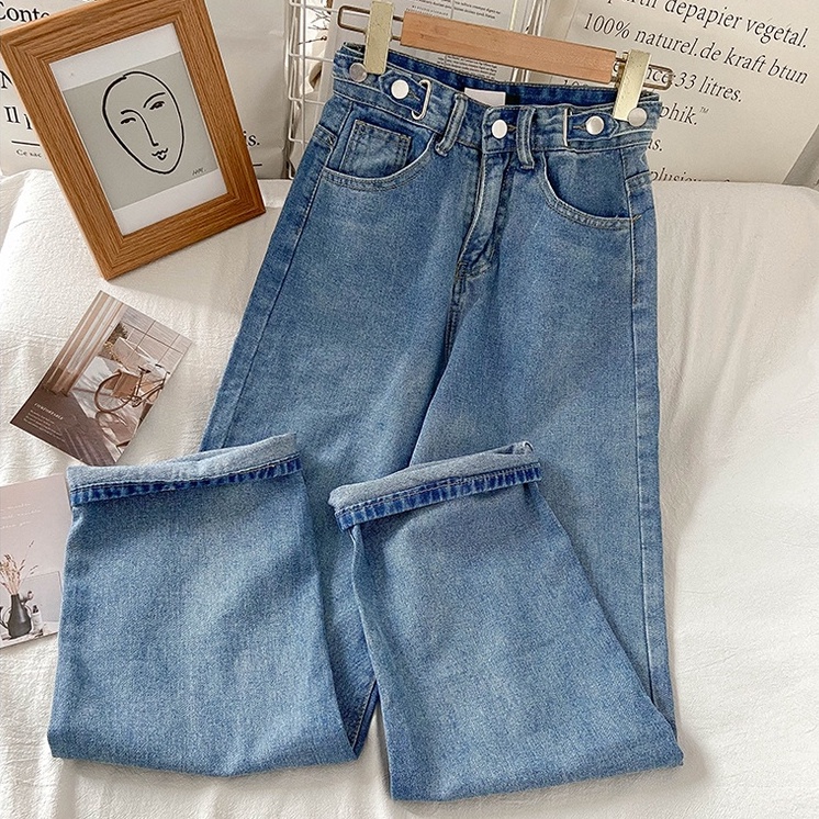 Retro pinggang tinggi longgar lurus denim gadis mahasiswa celana lebar kaki serbaguna jeans(Peta fisik）