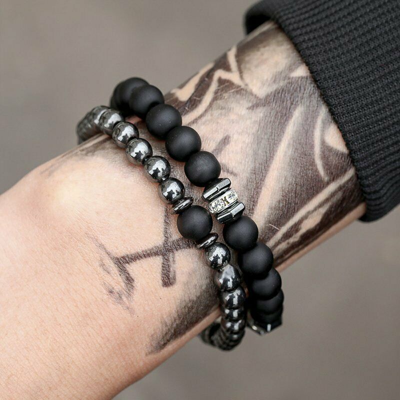 3pcs Gelang Manik-Manik Batu Hematite Warna Hitam Untuk Pria