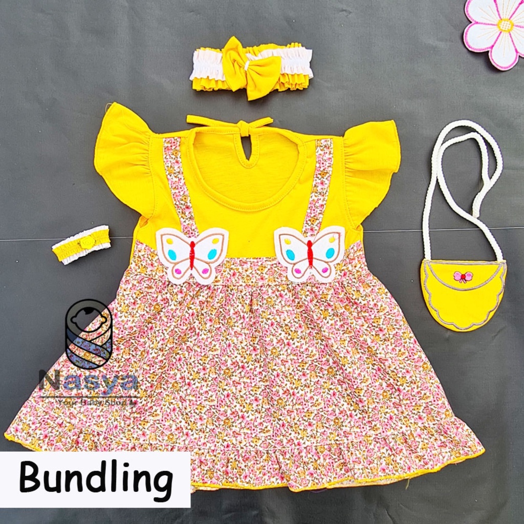 [P-030B] Dress Bayi Anak Usia 0-6 Bulan Full Set Bandana, Gelang dan Tas