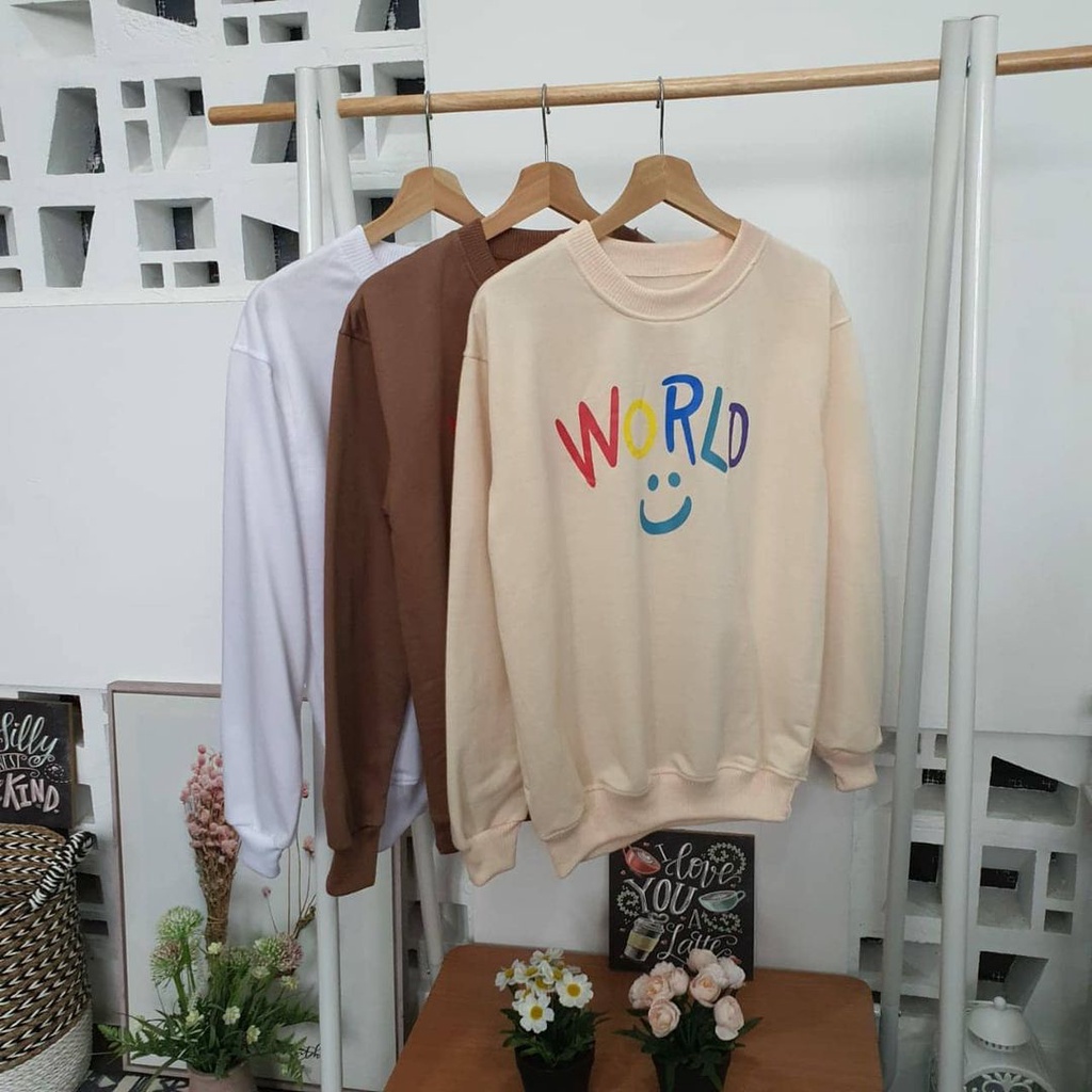 Zanah Sweater World Smile Sweatshirt Oblong Crewneck Bahan Fleece