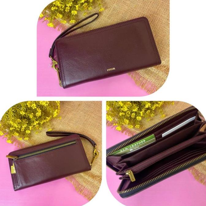 Dompet wanita original fossil RFID Logan Zip Clucth Claret Red nwt termurah