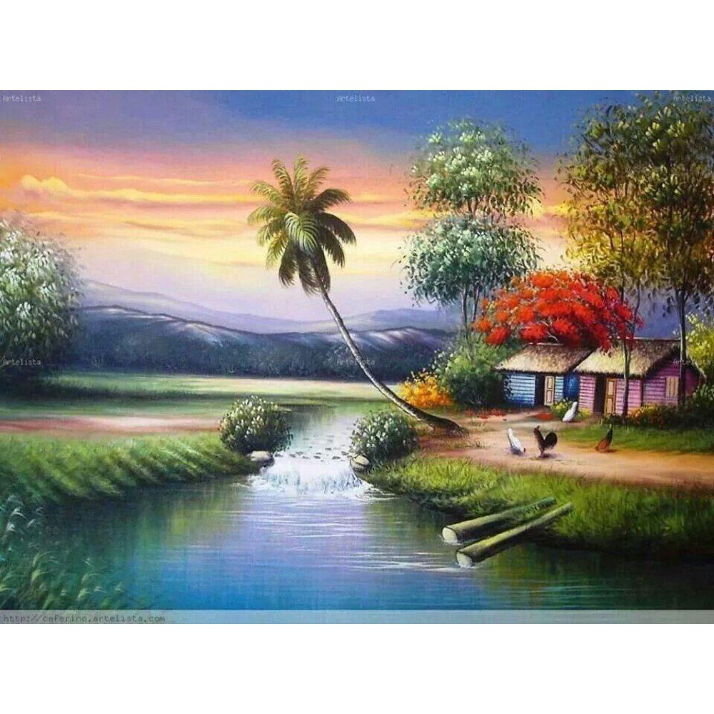 Lukisan Kanvas Pemandangan Alam Desa 90x130 Cm Suku Cadang