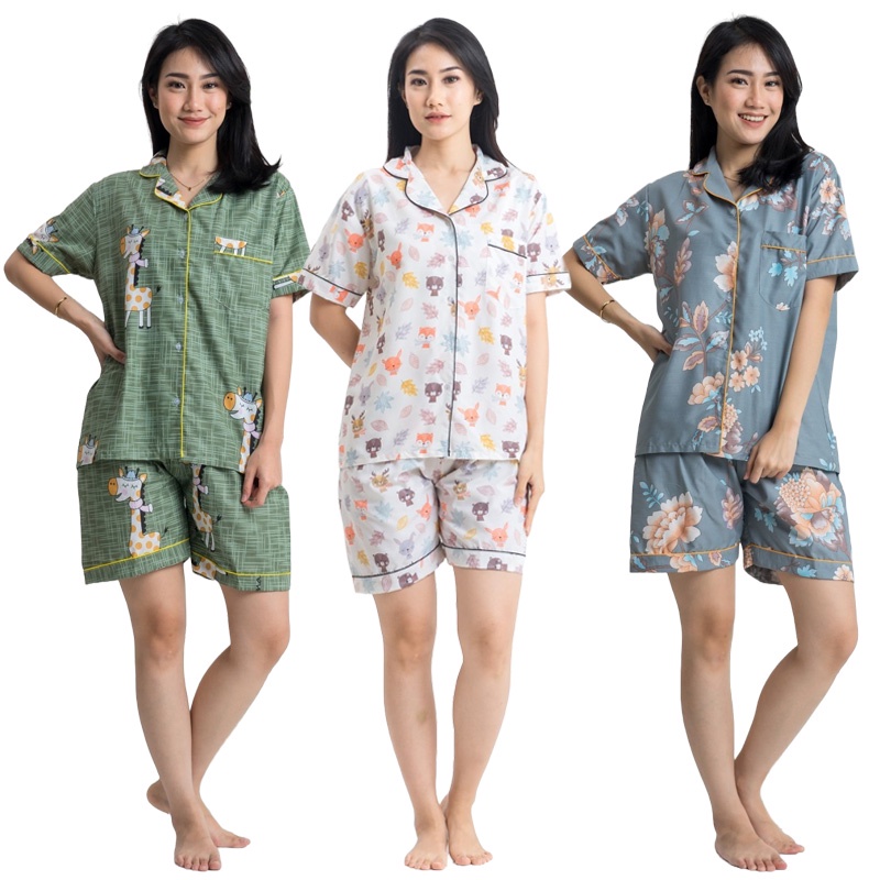 PDK BAJU TIDUR WANITA PIYAMA DEWASA REMAJA SETELAN CELANA PENDEK BAHAN KATUN RAYON ONE SET