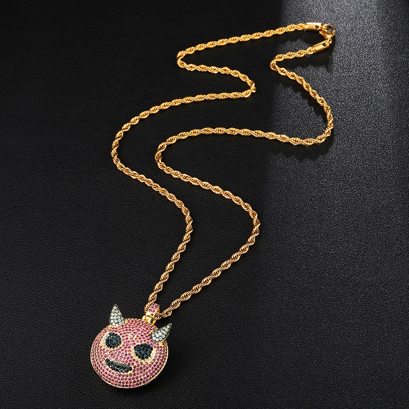 Kalung Hias Liontin Demon Bahan Zirkon Warna Pink Gaya Hip Hop Untuk Pria