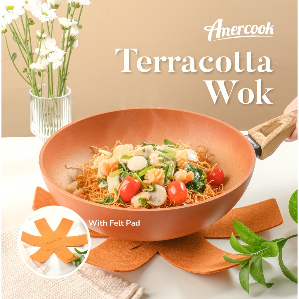 Amercook Wajan Wok Anti Lengket 28 cm Terracotta Series