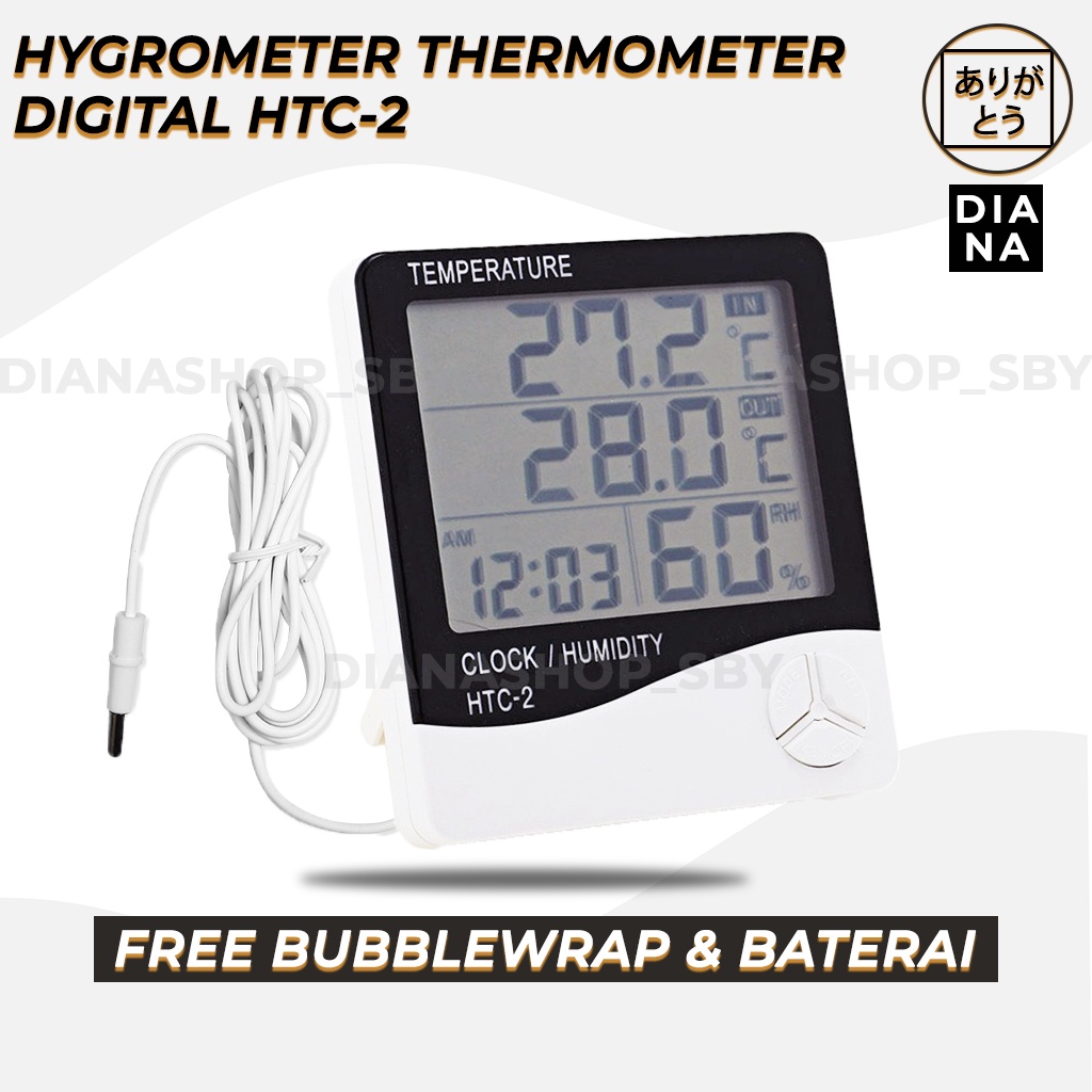 HTC-2 HYGROMETER TERMOMETER  ALAT UKUR SUHU TEMPERATUR RUANGAN FREEZER CLOCK