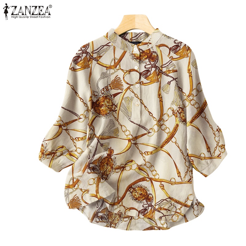 ZANZEA Womens Fashion Casual O Neck Chains Printed Daily Loose Blouse