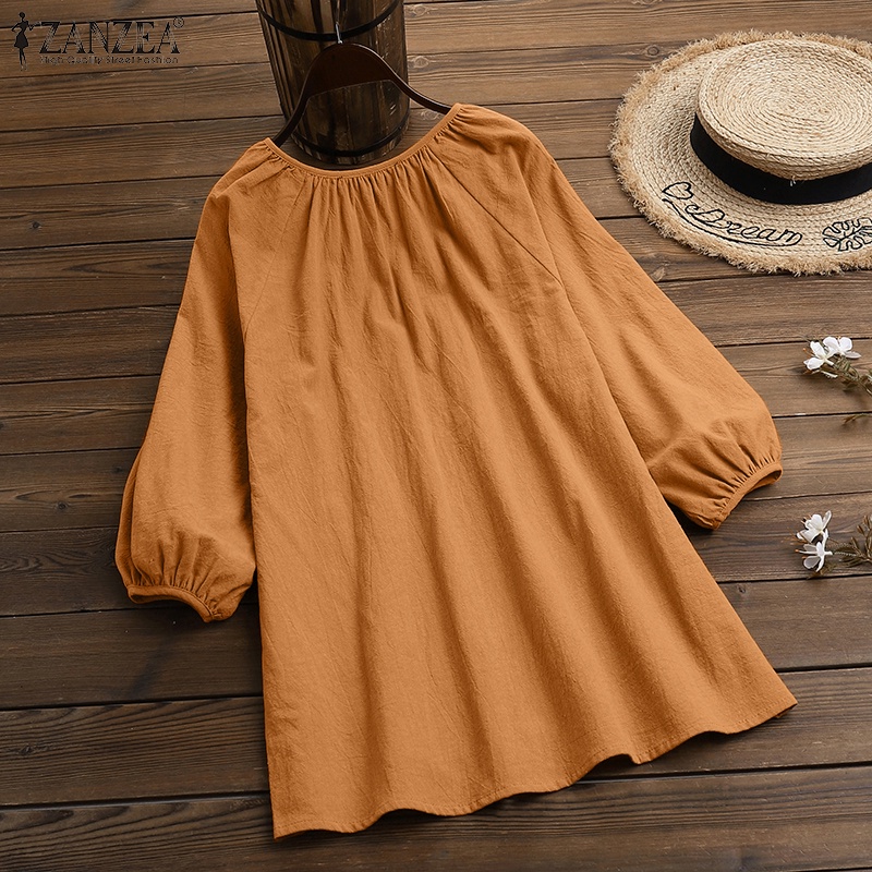 ZANZEA Women Casual Vintage 3/4 Puff Sleeve Solid Color Blouse