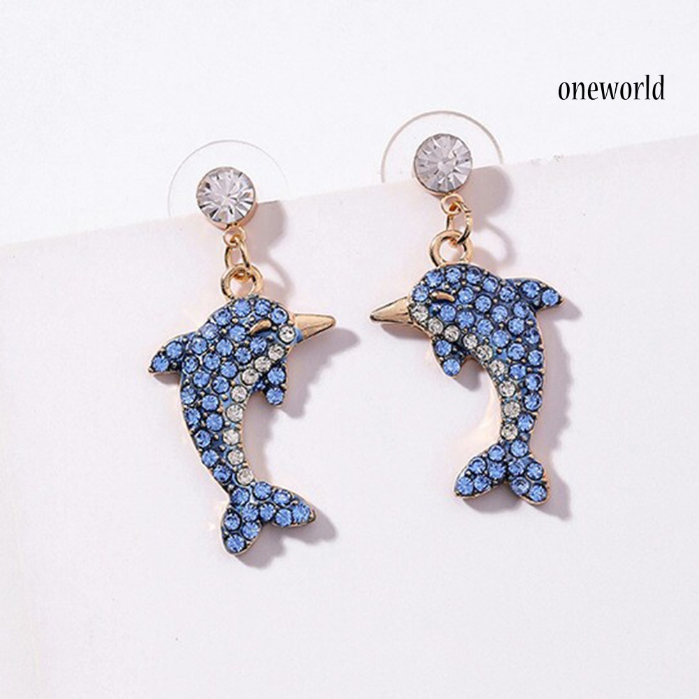 OW@ Cute Dolphin Shape Shiny Full Rhinestone Inlaid Women Stud Earrings Jewelry Gift